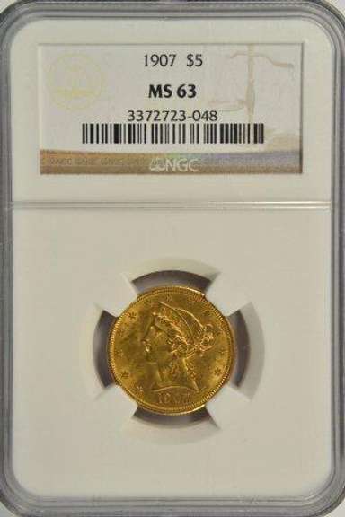 Choice BU 1907 US $5 Liberty Gold Piece. NGC MS63
