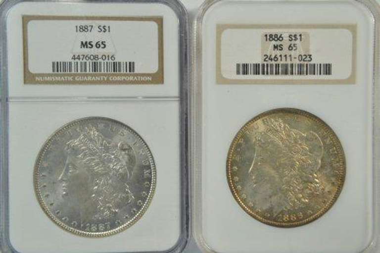 Solid Gem BU 1886 & 1887 Morgan Silver Dollars NGC MS65
