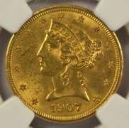 Choice BU 1907 US $5 Liberty Gold Piece. NGC MS63