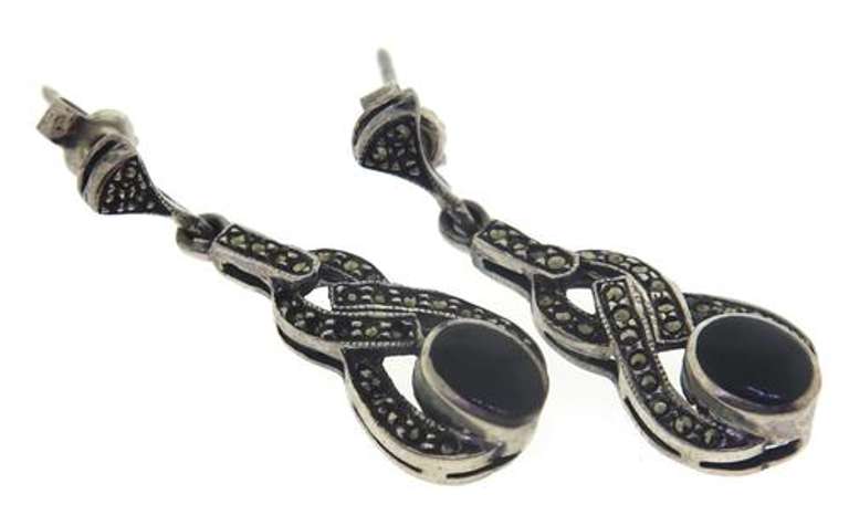 Sterling Silver Black Onyx and Marcasite Earrings