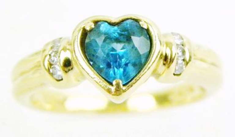 Blue Tourmaline Heart & Diamonds 14K Ring, 7.5
