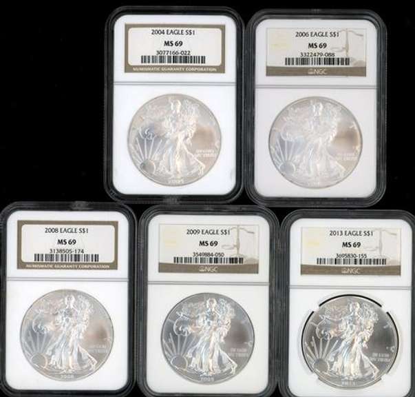 5 Great diff. NGC MS69 graded $1 American Silver Eagles