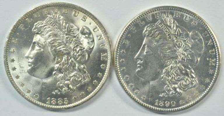 Gem BU 1885-O & 1890-P Morgan Silver Dollars