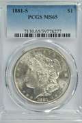 Super Gem BU 1881-S Morgan Silver Dollar. PCGS MS65