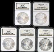 5 Great diff. NGC MS69 graded $1 American Silver Eagles