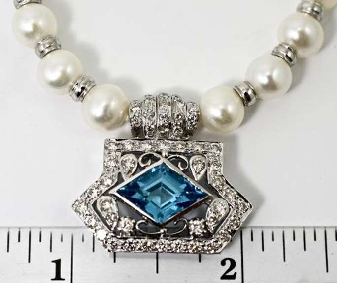 Diamond and Blue Topaz 18K Freshwater Pearl Necklace