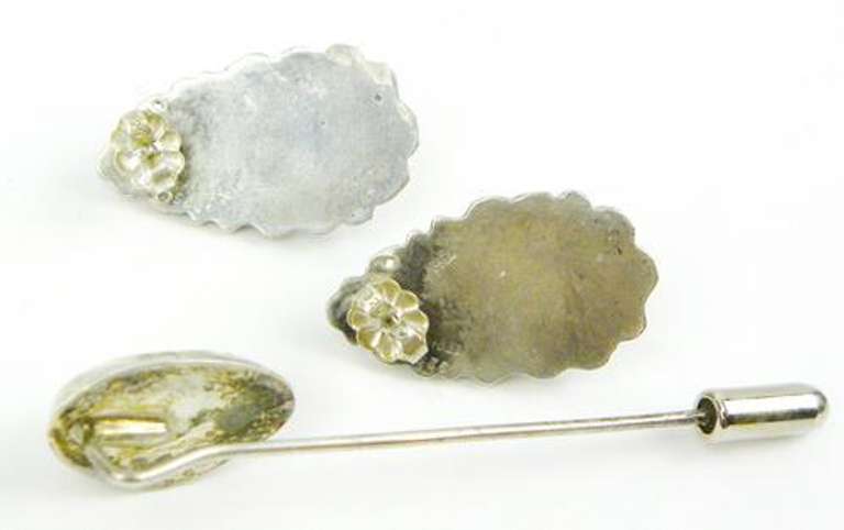 Signed Vintage Sterling Elk's Tooth Earrings & Stick Pin