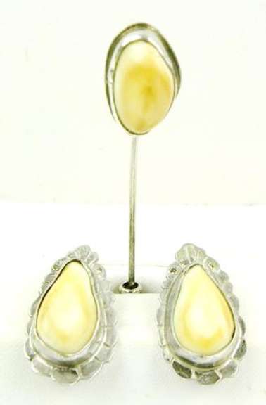 Signed Vintage Sterling Elk's Tooth Earrings & Stick Pin
