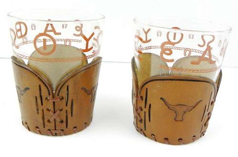 2 Western Longhorn Glasses with Leather Holders