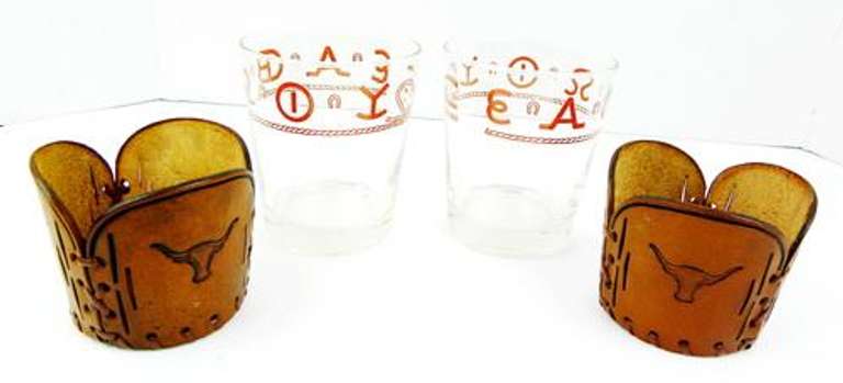 2 Western Longhorn Glasses with Leather Holders
