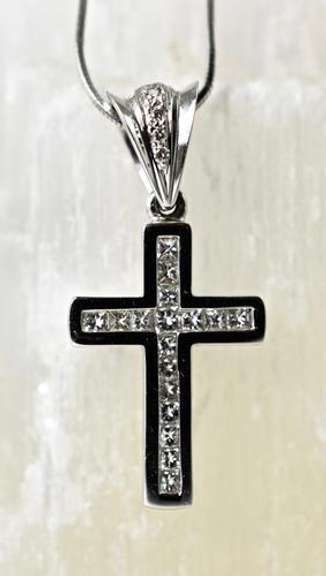 Channel-Set 14K White Gold Diamond Cross on Chain
