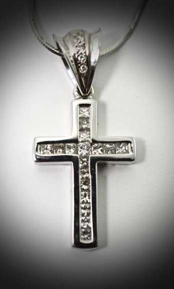 Channel-Set 14K White Gold Diamond Cross on Chain