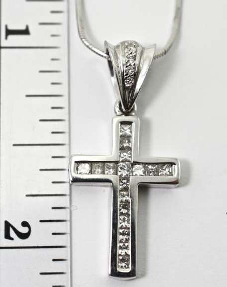 Channel-Set 14K White Gold Diamond Cross on Chain