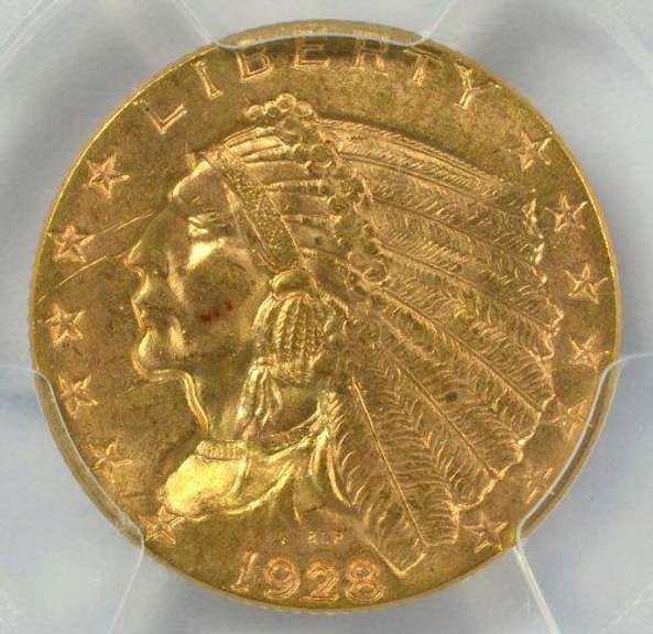 Super choice BU 1928 US $2.50 Indian Gold. PCGS MS63