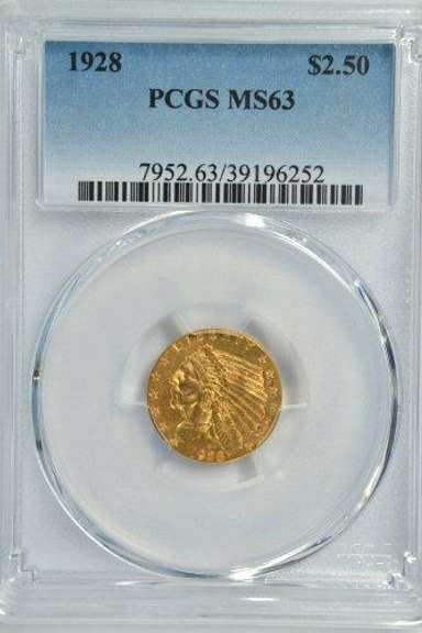 Super choice BU 1928 US $2.50 Indian Gold. PCGS MS63