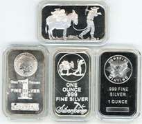 4 Diff. nice 1 Troy 0z .999 fine silver bars in plastic