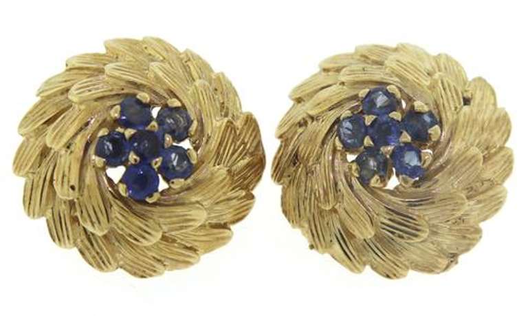 Blue Sapphire Cluster with Leaf Motif Earrings