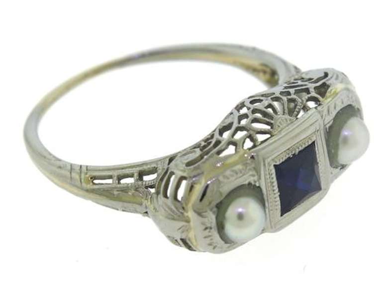 Vintage White Gold Pearl & Blue Sapphire Ring