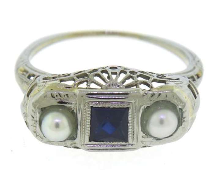 Vintage White Gold Pearl & Blue Sapphire Ring