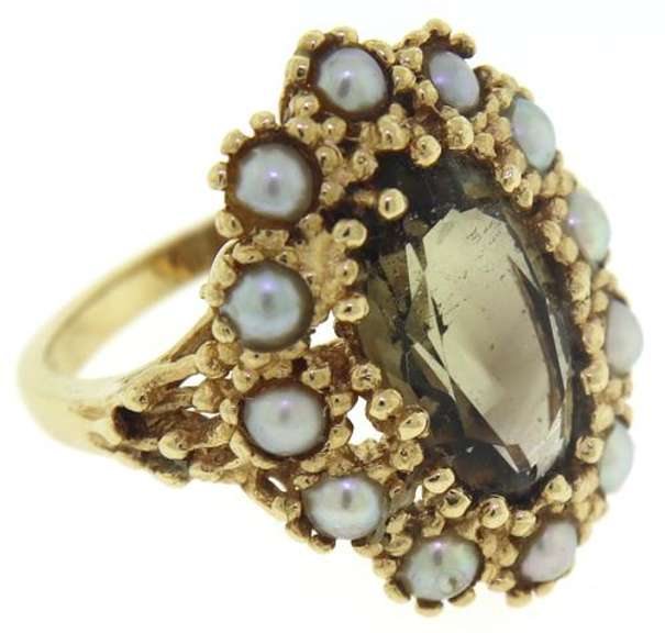 Vintage 14kt YG Smokey Quartz and Pearl Ring