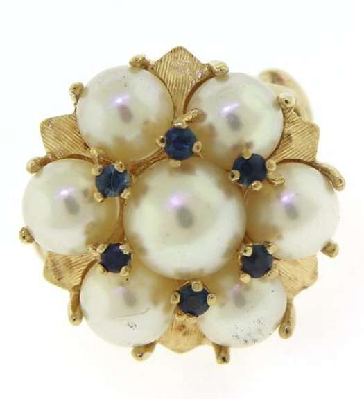 Romantic 14kt YG Pearl and Sapphire Floral Cluster Cocktail Ring