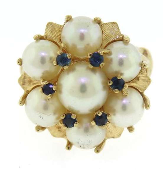 Romantic 14kt YG Pearl and Sapphire Floral Cluster Cocktail Ring