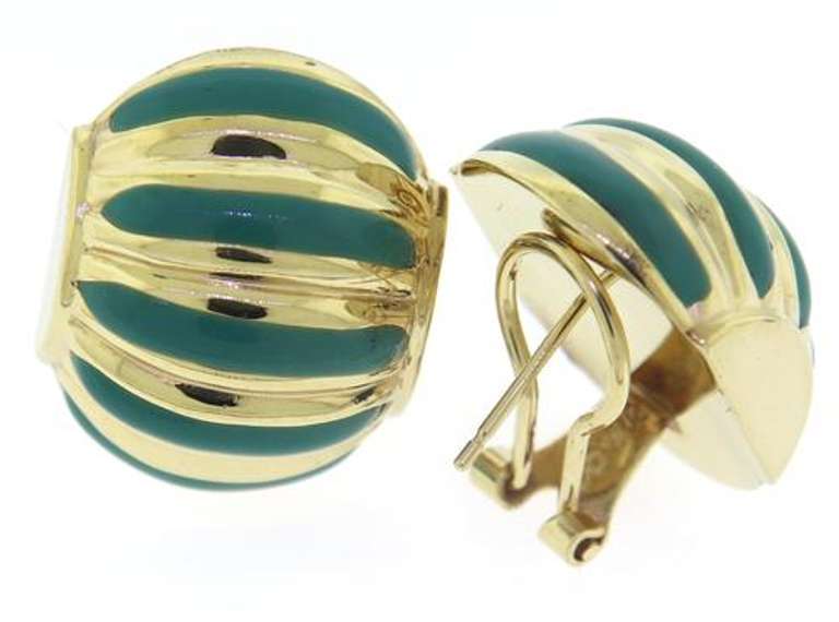 Amazing Yellow Gold Turquoise Enamel Ribbed Earrings