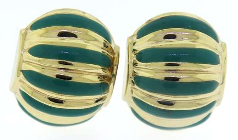 Amazing Yellow Gold Turquoise Enamel Ribbed Earrings