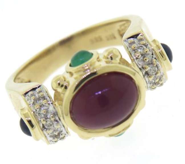 Handsome Diamond Accent & Cab Ruby, Sapp & Emerald Ring