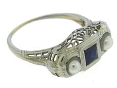 Vintage White Gold Pearl & Blue Sapphire Ring
