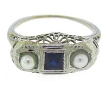 Vintage White Gold Pearl & Blue Sapphire Ring
