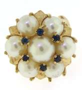 Romantic 14kt YG Pearl and Sapphire Floral Cluster Cocktail Ring