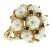 Romantic 14kt YG Pearl and Sapphire Floral Cluster Cocktail Ring