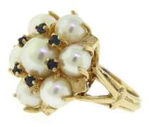 Romantic 14kt YG Pearl and Sapphire Floral Cluster Cocktail Ring
