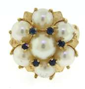 Romantic 14kt YG Pearl and Sapphire Floral Cluster Cocktail Ring