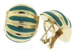 Amazing Yellow Gold Turquoise Enamel Ribbed Earrings