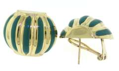 Amazing Yellow Gold Turquoise Enamel Ribbed Earrings