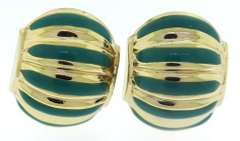 Amazing Yellow Gold Turquoise Enamel Ribbed Earrings