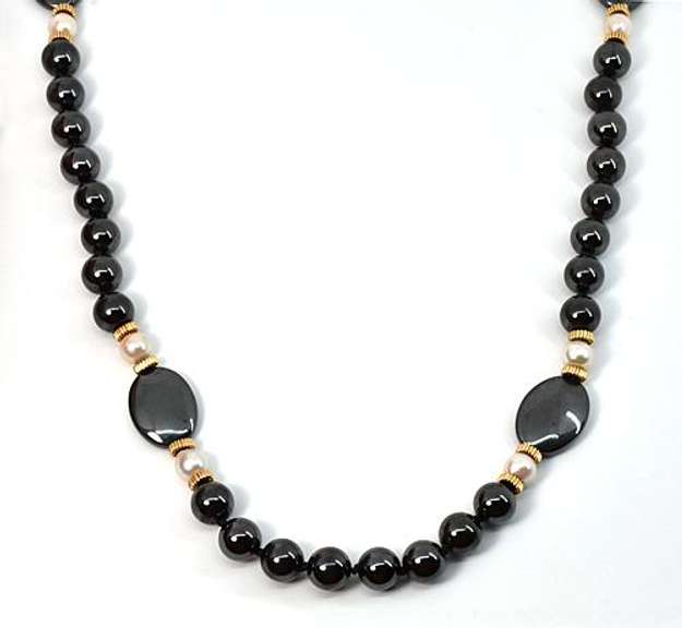 Hematite, Pearl, and Gold Necklace