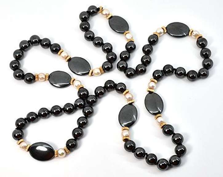Hematite, Pearl, and Gold Necklace