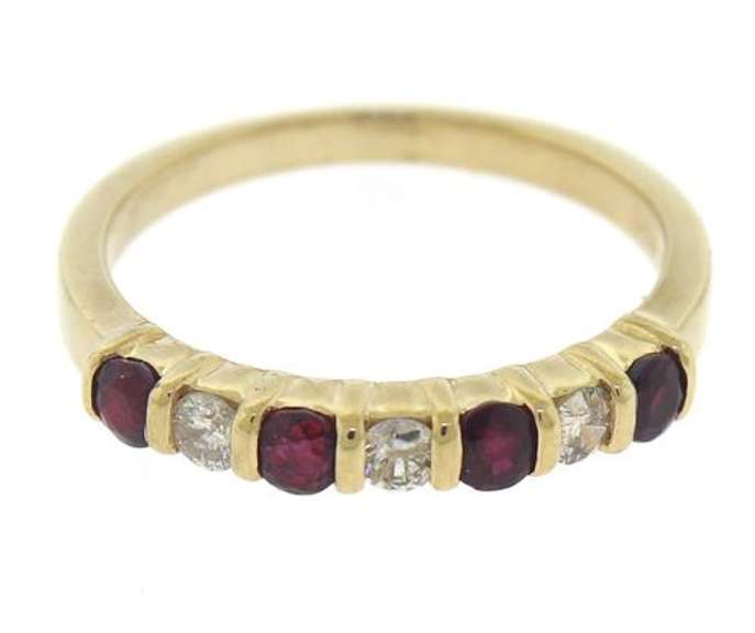 Stackable 14kt YG Alternating Ruby and Diamond Channel Set Ring