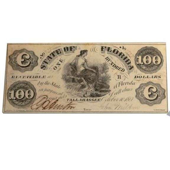 Rare $100 State Of Florida Tallahassee Note Oct 10 1861