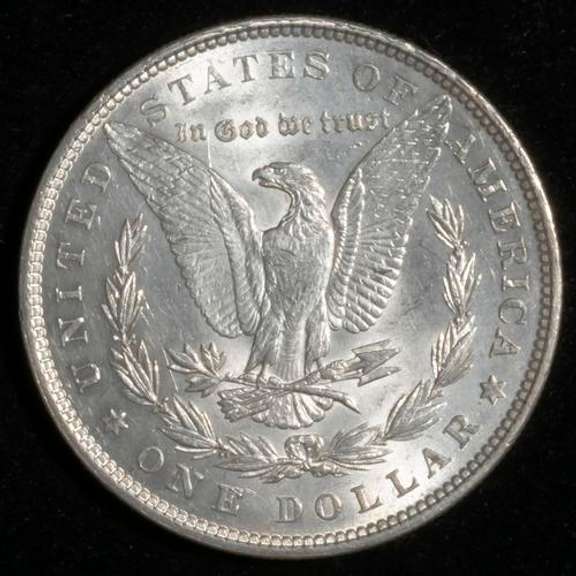 BU 1878 Reverse of 79 7 Tail Feathers Morgan Dollar