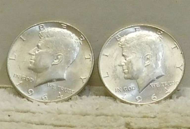 2 ea 1964 Kennedy Halves, Silver, almost Uncirculated