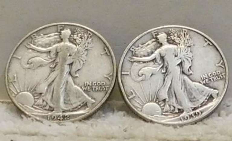 2 ea Walking Liberty Half Dollars, Sil 90% circulated