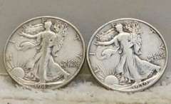 2 ea Walking Liberty Half Dollars, Sil 90% circulated