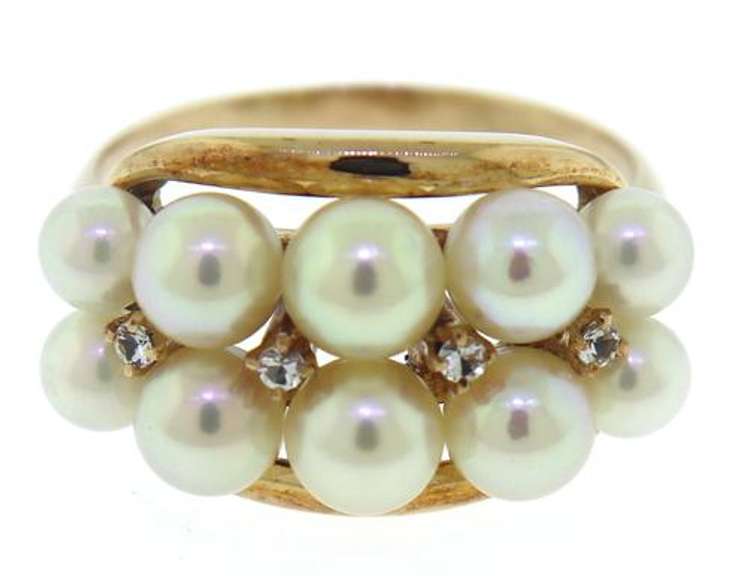 Gorgeous 14kt YG Double Row Pearl with Diamond Accents Ring