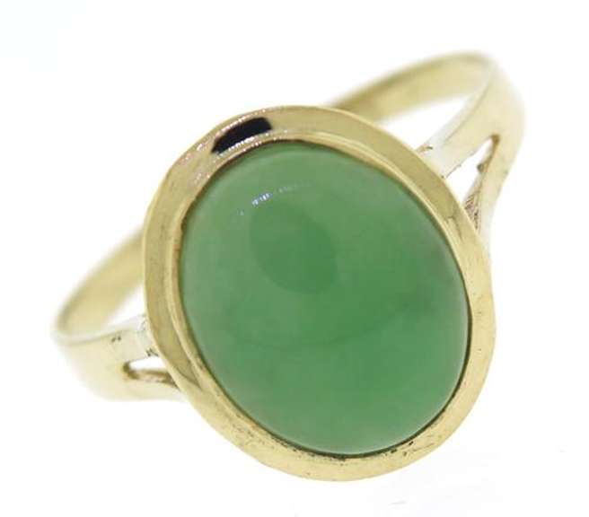 Pleasing Yellow Gold Green Jade Oval Bezel Set Ring