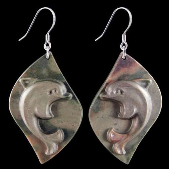 Very cute 52mm carved Jasper dolphins on sterling