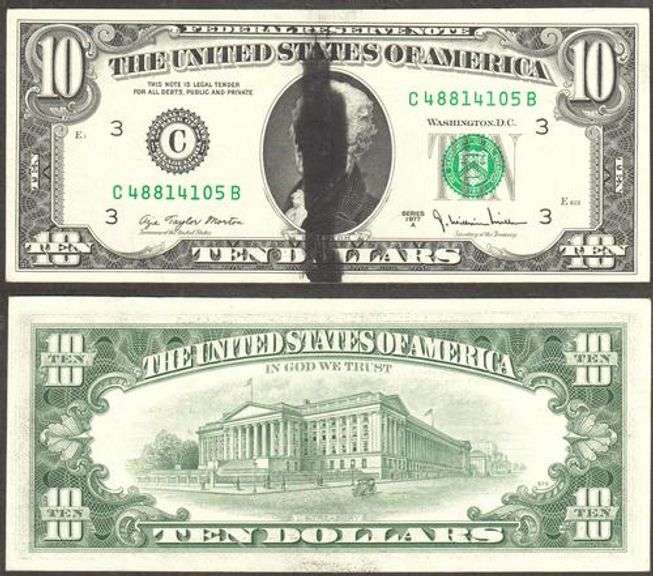 $10 1977-A  FRN Ink Smear Error Face Ch. Crisp Unc